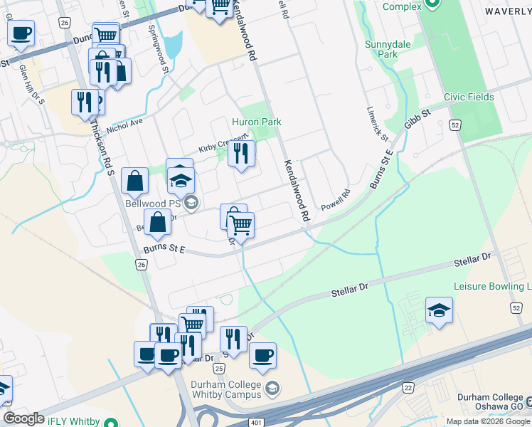 map of restaurants, bars, coffee shops, grocery stores, and more near 3 Fairmeadow Place in Whitby