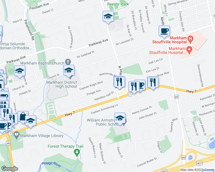 map of restaurants, bars, coffee shops, grocery stores, and more near 95 Pringle Avenue in Markham