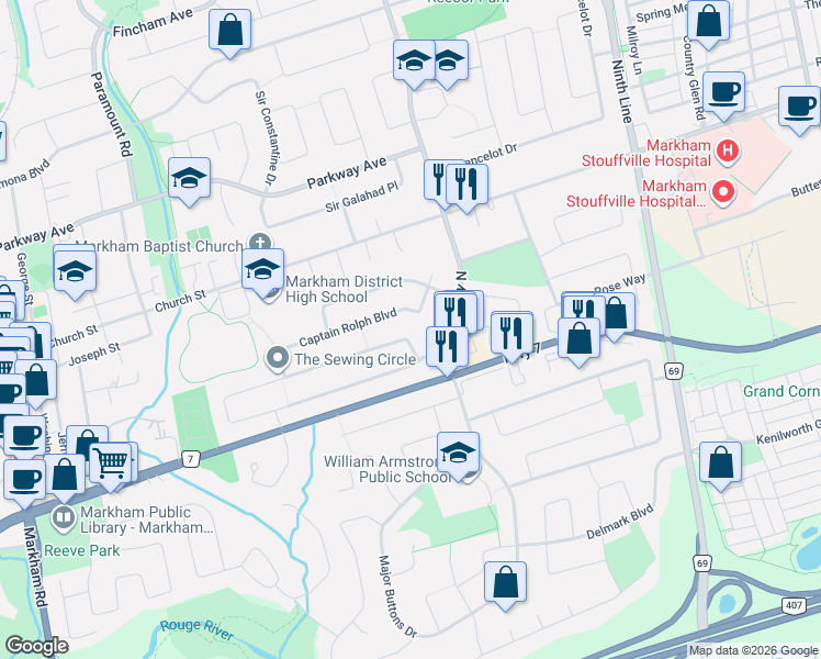map of restaurants, bars, coffee shops, grocery stores, and more near 95 Pringle Avenue in Markham