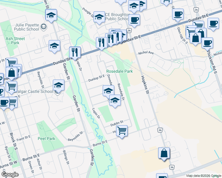 map of restaurants, bars, coffee shops, grocery stores, and more near 328 Dovedale Drive in Whitby