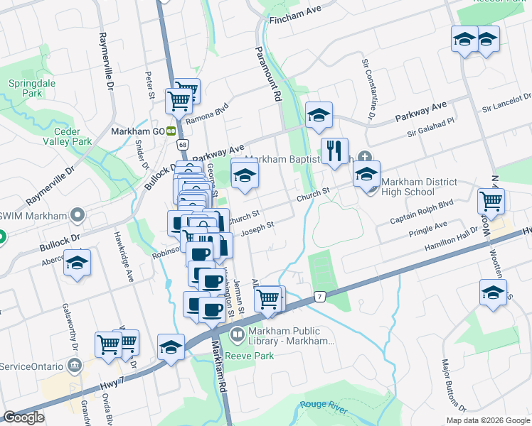 map of restaurants, bars, coffee shops, grocery stores, and more near 49 Church Street in Markham