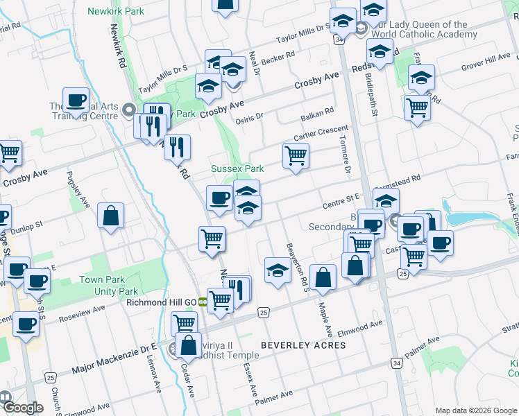 map of restaurants, bars, coffee shops, grocery stores, and more near 69 Rockport Crescent in Richmond Hill