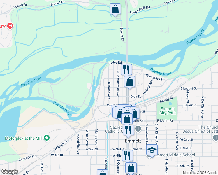 map of restaurants, bars, coffee shops, grocery stores, and more near North Boise Avenue in Emmett