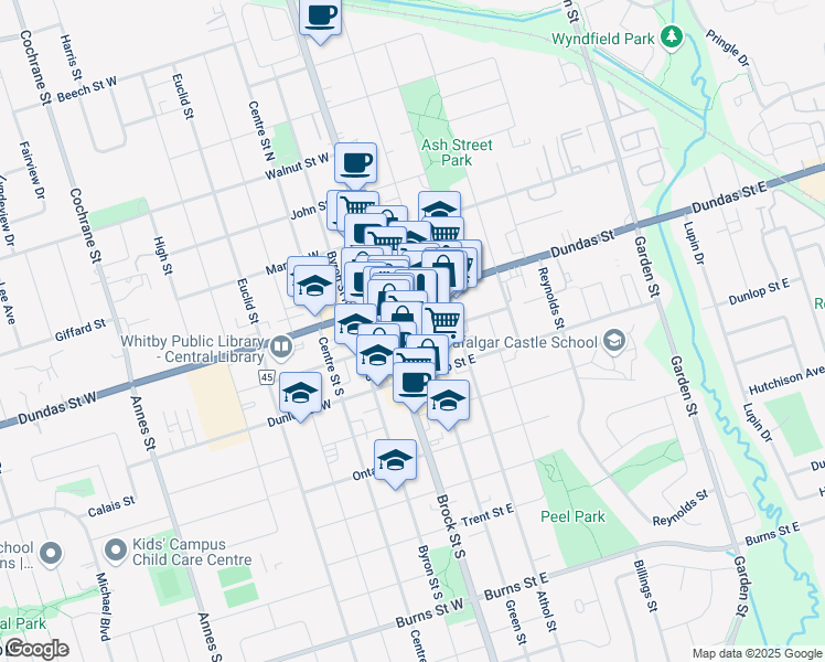 map of restaurants, bars, coffee shops, grocery stores, and more near in Whitby