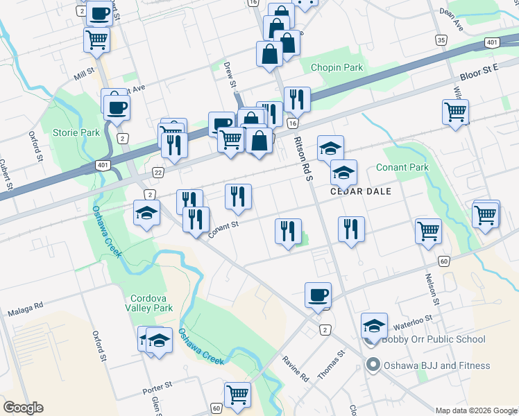 map of restaurants, bars, coffee shops, grocery stores, and more near 761 Rowena Street in Oshawa