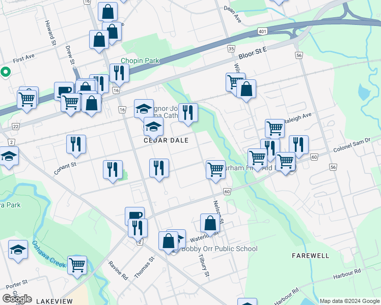 map of restaurants, bars, coffee shops, grocery stores, and more near 379 Sharon Avenue in Oshawa