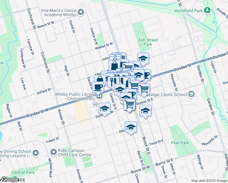 map of restaurants, bars, coffee shops, grocery stores, and more near in Whitby