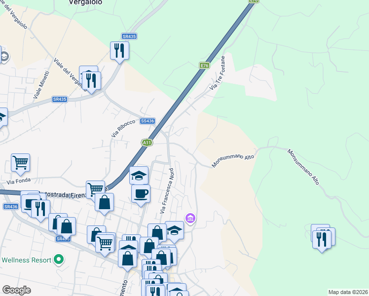 map of restaurants, bars, coffee shops, grocery stores, and more near 84 Via dei Gobbi in Monsummano Terme