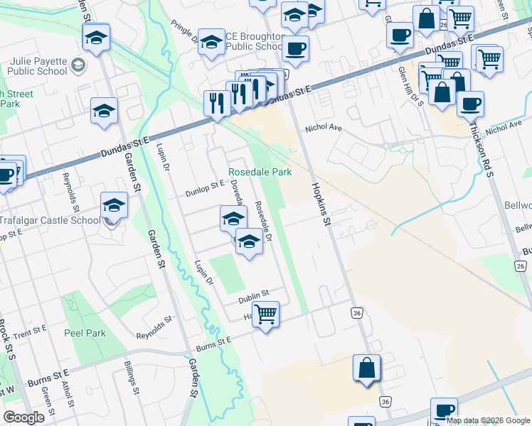 map of restaurants, bars, coffee shops, grocery stores, and more near 333 Rosedale Drive in Whitby