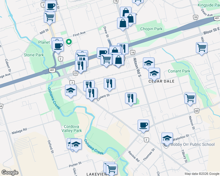 map of restaurants, bars, coffee shops, grocery stores, and more near in Oshawa