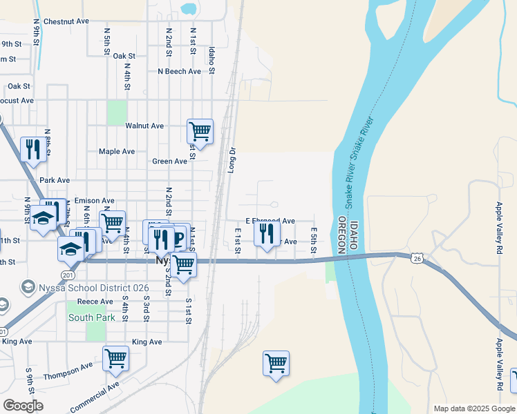 map of restaurants, bars, coffee shops, grocery stores, and more near 308 East 2nd Street in Nyssa