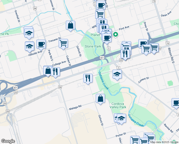 map of restaurants, bars, coffee shops, grocery stores, and more near 123 Bloor Street West in Oshawa