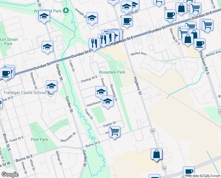 map of restaurants, bars, coffee shops, grocery stores, and more near 327 Rosedale Drive in Whitby