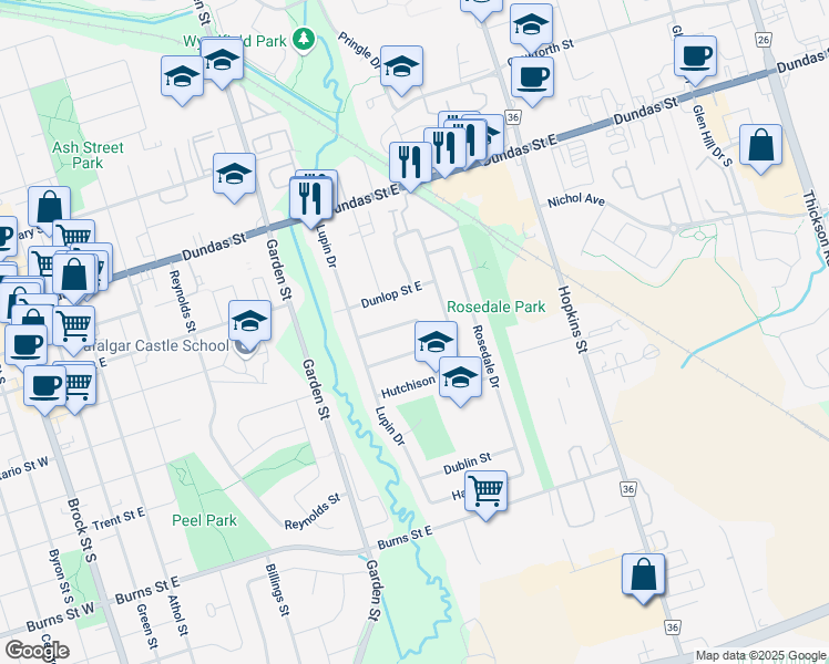 map of restaurants, bars, coffee shops, grocery stores, and more near 916 Crocus Crescent in Whitby