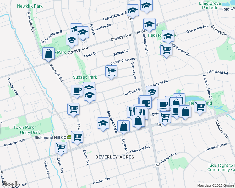 map of restaurants, bars, coffee shops, grocery stores, and more near in Richmond Hill