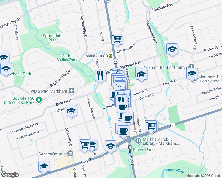 map of restaurants, bars, coffee shops, grocery stores, and more near 15 Water Street in Markham