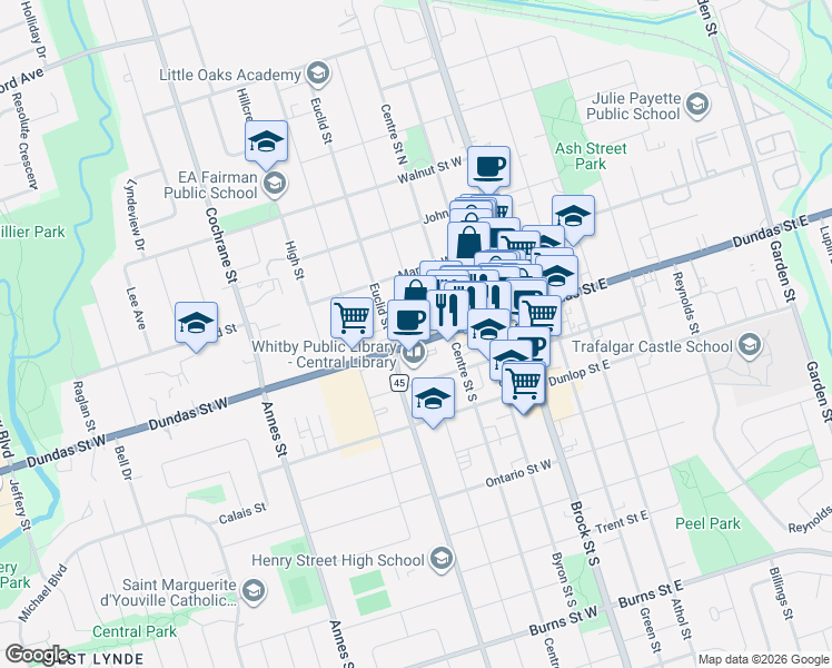 map of restaurants, bars, coffee shops, grocery stores, and more near 400 Dundas Street West in Whitby