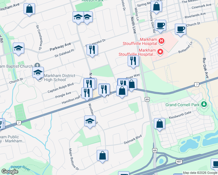map of restaurants, bars, coffee shops, grocery stores, and more near in Markham
