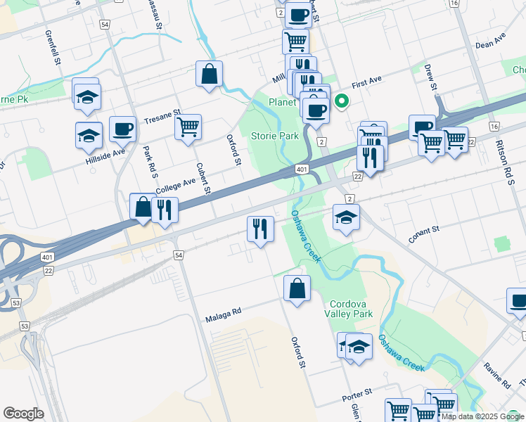 map of restaurants, bars, coffee shops, grocery stores, and more near 123 Bloor Street West in Oshawa