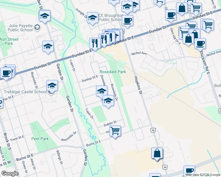 map of restaurants, bars, coffee shops, grocery stores, and more near 330 Rosedale Drive in Whitby