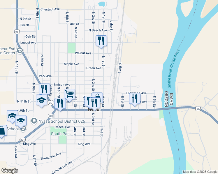 map of restaurants, bars, coffee shops, grocery stores, and more near 14 Emison Ave in Nyssa
