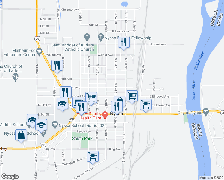 map of restaurants, bars, coffee shops, grocery stores, and more near 211 Emison Ave in Nyssa