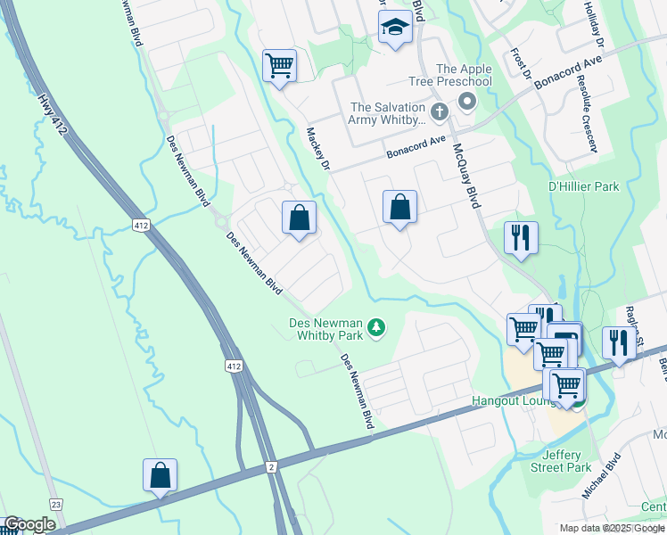 map of restaurants, bars, coffee shops, grocery stores, and more near 2 Kilmarnock Crescent in Whitby