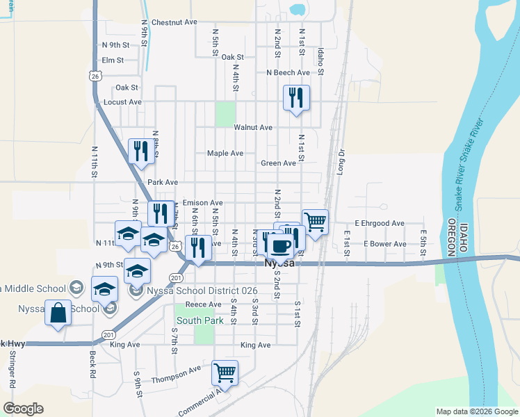 map of restaurants, bars, coffee shops, grocery stores, and more near 211 Emison Avenue in Nyssa