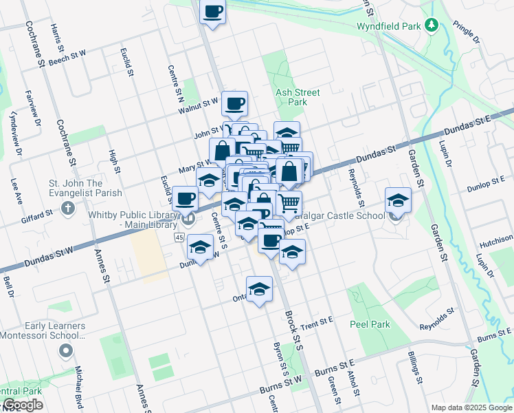 map of restaurants, bars, coffee shops, grocery stores, and more near 127 Brock Street South in Whitby