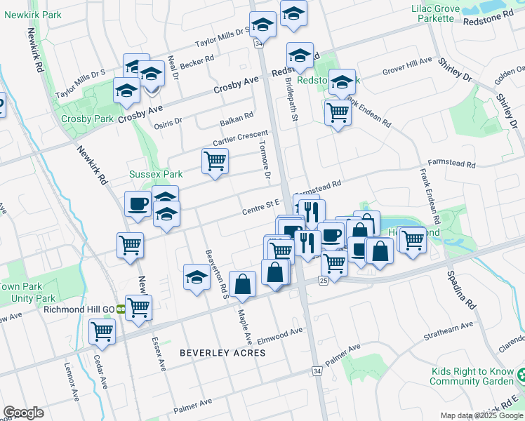 map of restaurants, bars, coffee shops, grocery stores, and more near 438 Centre Street East in Richmond Hill