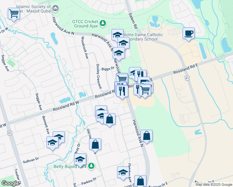 map of restaurants, bars, coffee shops, grocery stores, and more near 3 Rossland Road West in Ajax