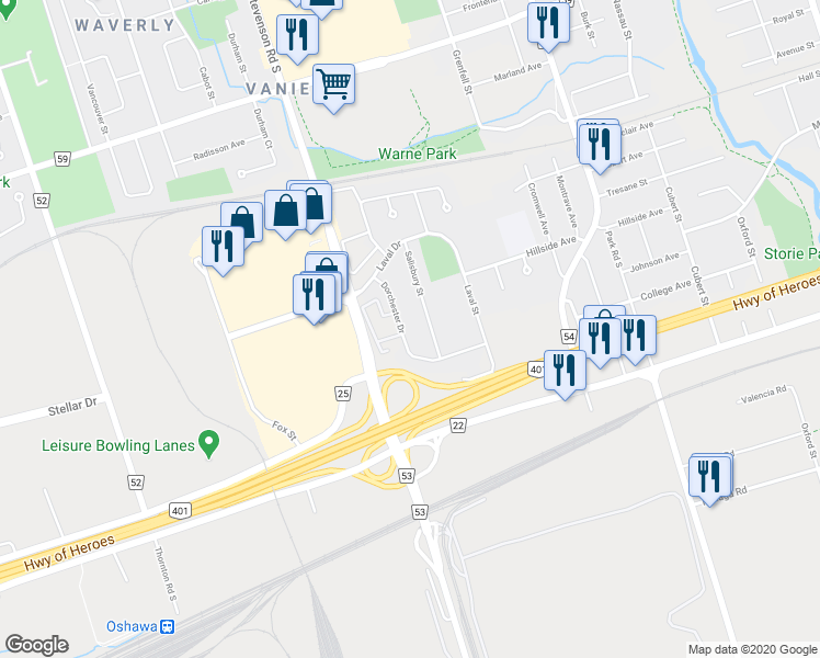 map of restaurants, bars, coffee shops, grocery stores, and more near 589 Dorchester Drive in Oshawa