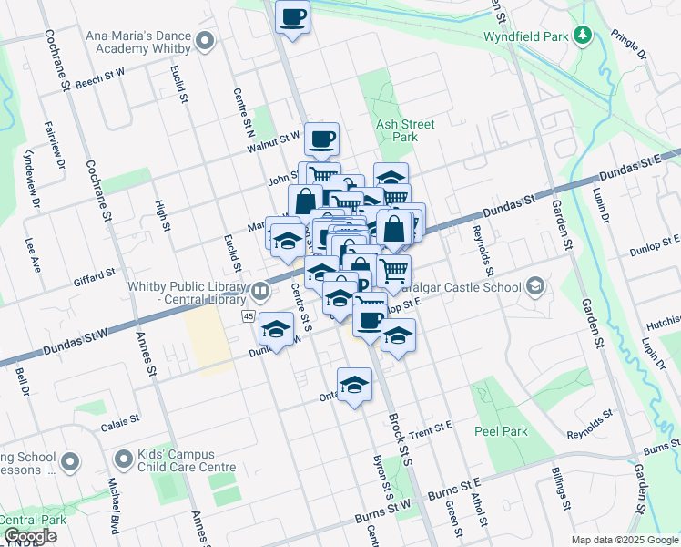 map of restaurants, bars, coffee shops, grocery stores, and more near 101 Dundas Street West in Whitby