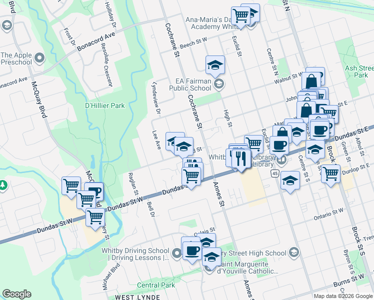 map of restaurants, bars, coffee shops, grocery stores, and more near 1000 Giffard Street in Whitby