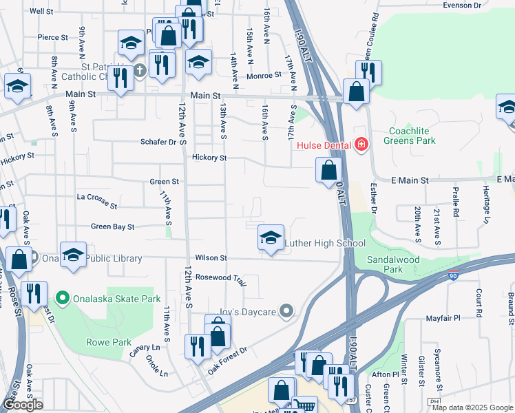 map of restaurants, bars, coffee shops, grocery stores, and more near 1620 Keller Court in Onalaska