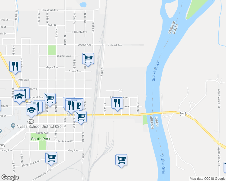map of restaurants, bars, coffee shops, grocery stores, and more near 308 East 2nd Street in Nyssa