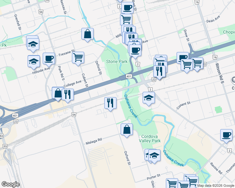 map of restaurants, bars, coffee shops, grocery stores, and more near 101 Bloor Street West in Oshawa