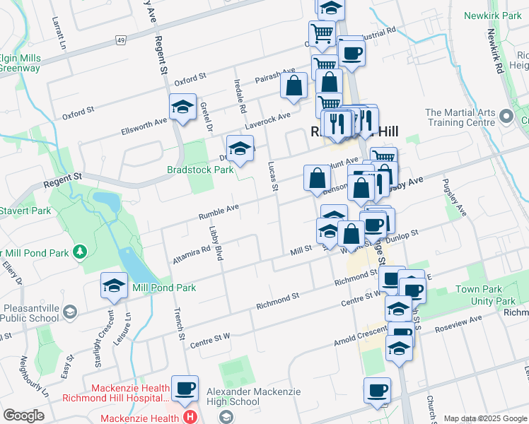 map of restaurants, bars, coffee shops, grocery stores, and more near 139 Marla Court in Richmond Hill