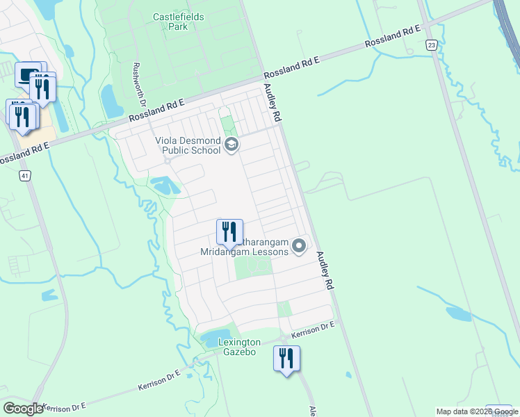 map of restaurants, bars, coffee shops, grocery stores, and more near 1 Mortlock Street in Ajax