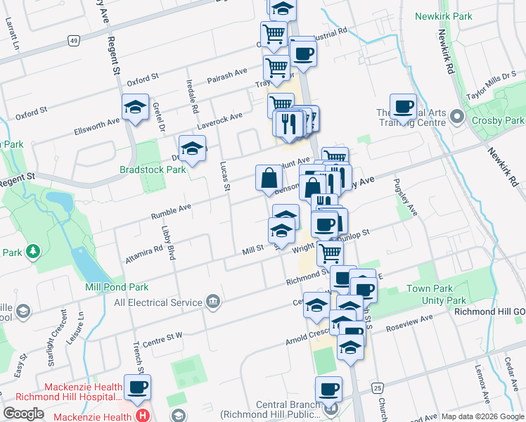 map of restaurants, bars, coffee shops, grocery stores, and more near 124 Hall Street in Richmond Hill