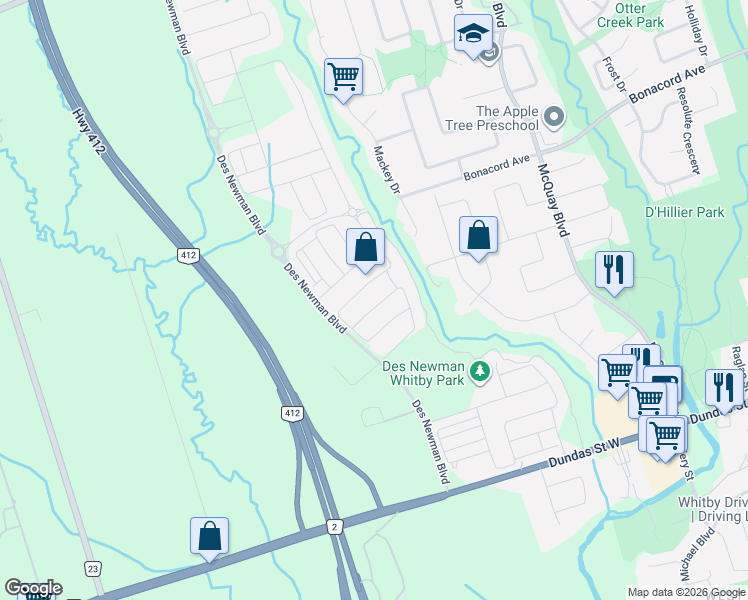 map of restaurants, bars, coffee shops, grocery stores, and more near 71 Westfield Drive in Whitby