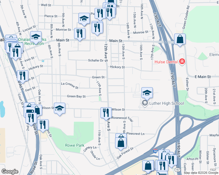 map of restaurants, bars, coffee shops, grocery stores, and more near 1210 La Crosse Street in Onalaska