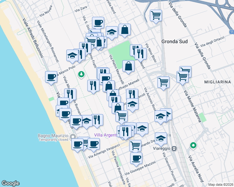 map of restaurants, bars, coffee shops, grocery stores, and more near 32/A Via San Tommaso D'Aquino in Viareggio