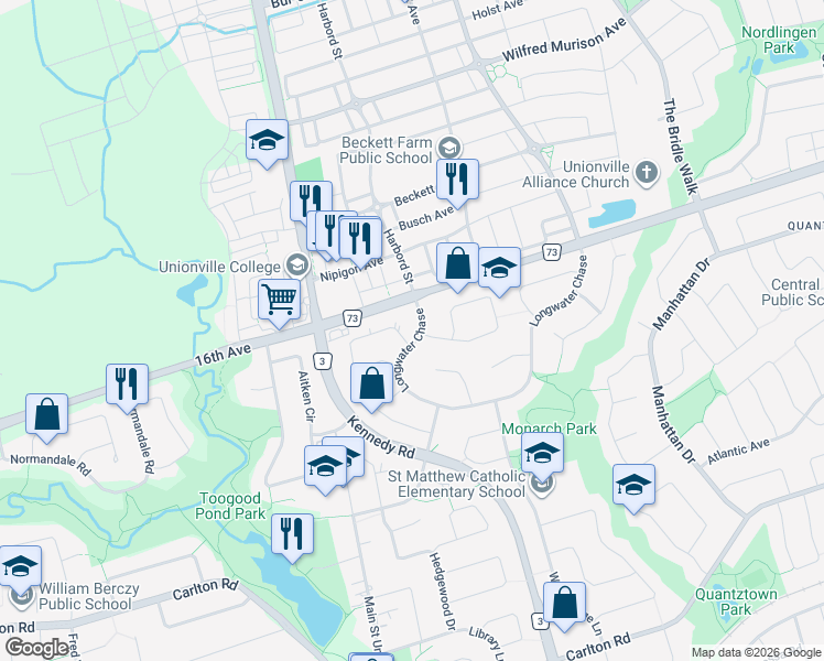 map of restaurants, bars, coffee shops, grocery stores, and more near 9 Longwater Chase in Markham