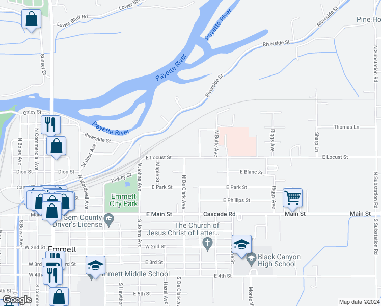 map of restaurants, bars, coffee shops, grocery stores, and more near 906 East Locust Street in Emmett