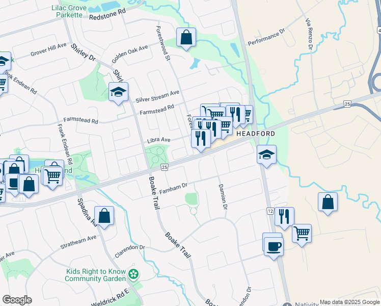 map of restaurants, bars, coffee shops, grocery stores, and more near 35 Bergamot Crescent in Richmond Hill