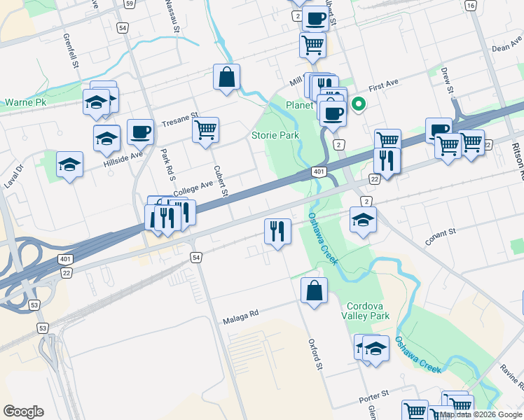 map of restaurants, bars, coffee shops, grocery stores, and more near 150 Bloor Street West in Oshawa