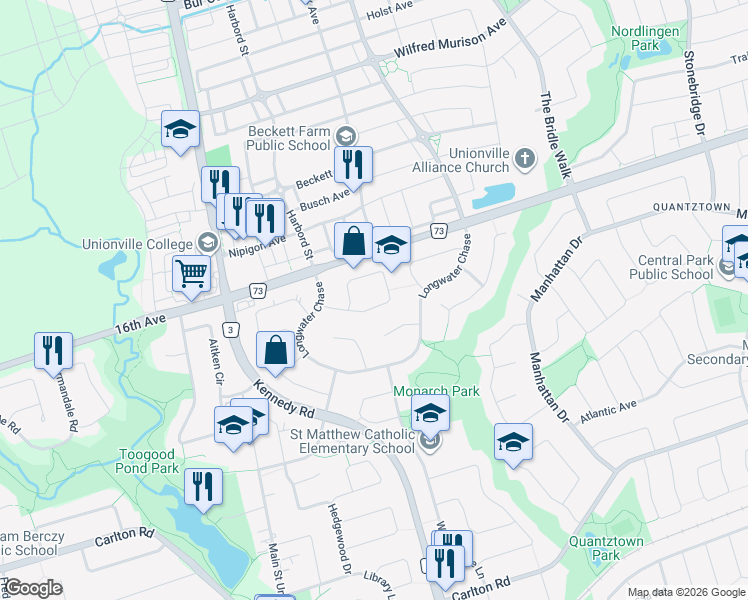 map of restaurants, bars, coffee shops, grocery stores, and more near 24 Ferndell Circle in Markham