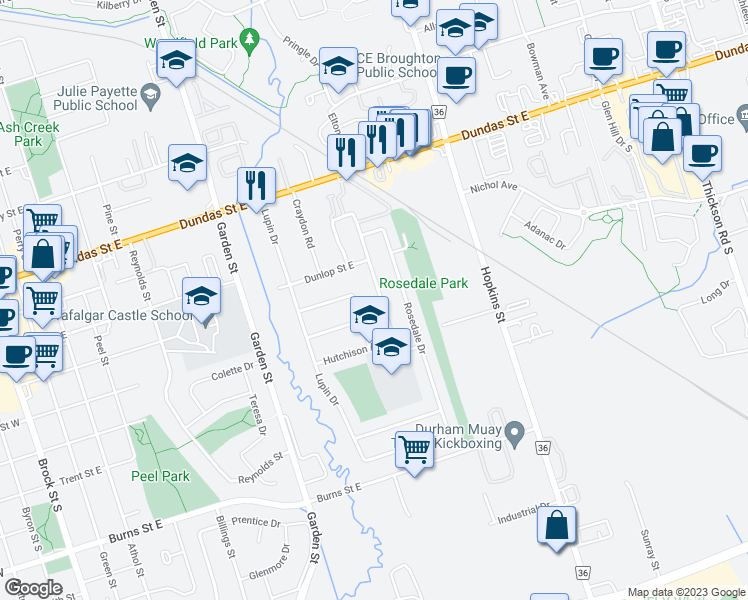 map of restaurants, bars, coffee shops, grocery stores, and more near 322 Dovedale Drive in Whitby