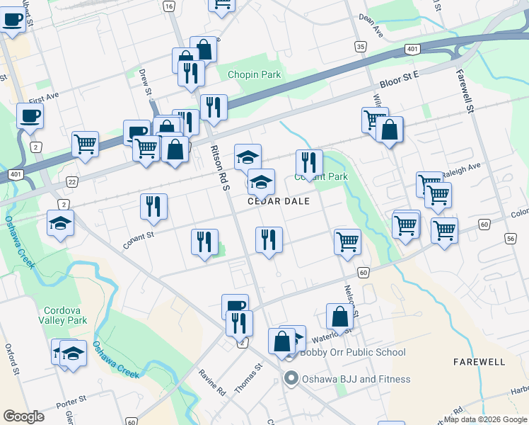 map of restaurants, bars, coffee shops, grocery stores, and more near 799 Sylvia Street in Oshawa